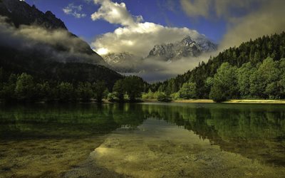 järvi kirkas, vuoret, metsä, slovenia, jasnajärvi, solnia