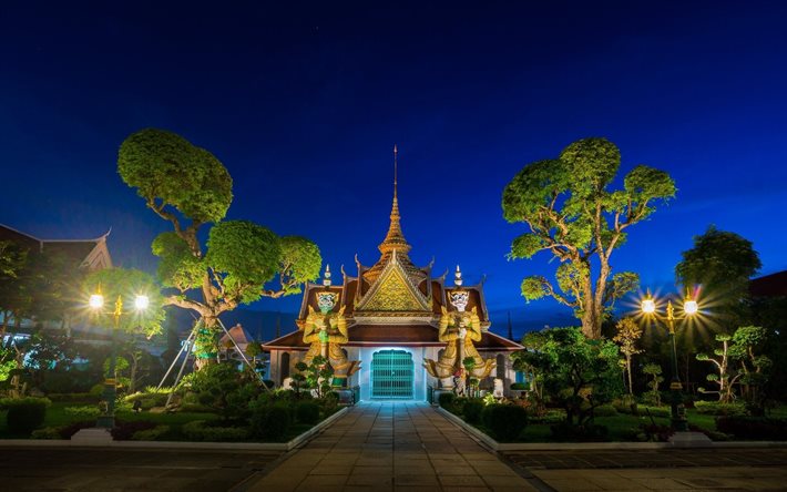 タイ, バンコク, 寺, 夜, 巨大な彫像