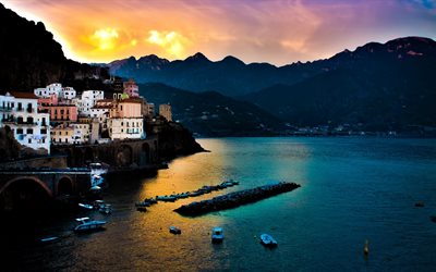 golfo de salerno, amalfi, salerno, pôr do sol, noite, itália