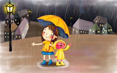 i bambini, la pioggia, l'astrazione, ombrellone
