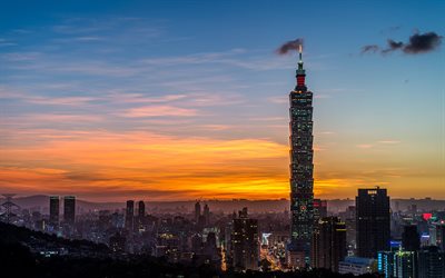 taipei 101, skyskrapor, torn, taiwan, solnedgång