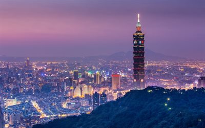 taiwán, la noche, el taipei 101, de la torre, rascacielos