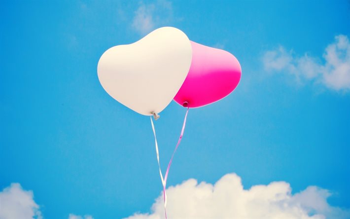 ballonger, himlen, moln, hjärta
