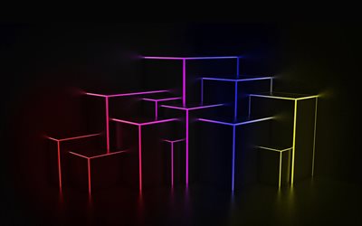 neon rays, 3d shapes, darkness, light