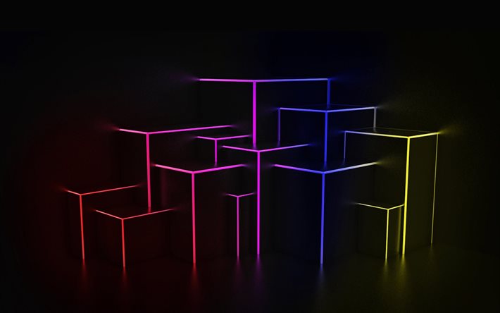 neon rayons, des formes en 3d, l'obscurité, la lumière