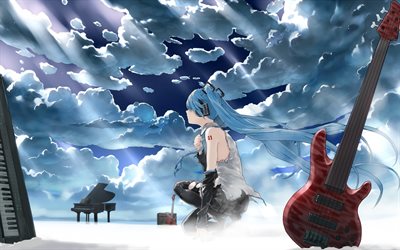 hatsune miku, la guitarra, las nubes, vocaloid, miku hatsune