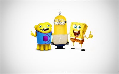 kevin, minions, characters, spongebob, grey background