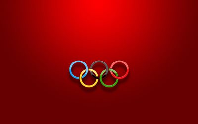 le logo des jeux olympiques, les anneaux olympiques, fond rouge, le logo des jeux olympiques de