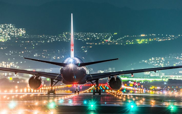 o avião, aterrissagem, noite, banda, aeroporto, luzes noturnas