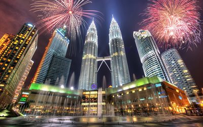 petronas tower, la malaisie, kuala lumpur, les tours jumelles petronas, feux d'artifice