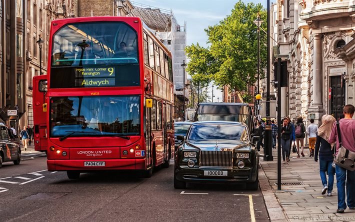 通行人, 通り, ロンドン, 赤バス, イギリス