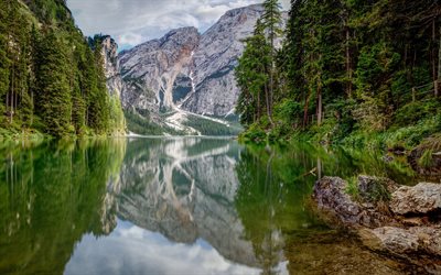 lake braies, forest, mountains, italy, braies