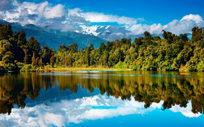 la réflexion, de la forêt, de la nouvelle-zélande, les nuages, les montagnes, le ciel
