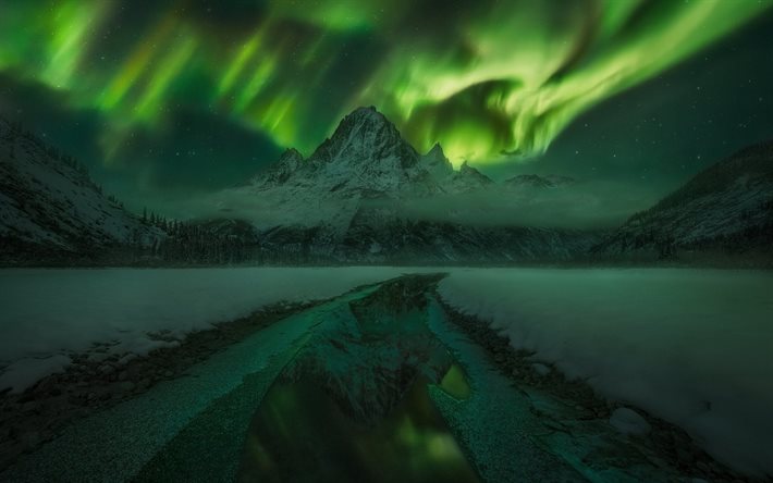 night, northern lights, mountains, canada