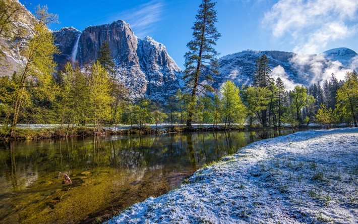 rivière de montagne, hiver, neige, parc national de yosemite, californie, états-unis