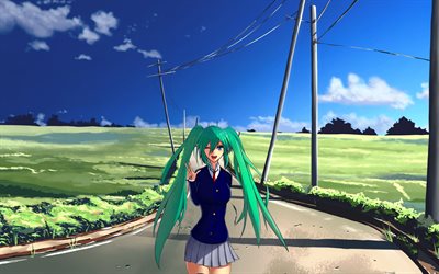 miku hatsune, क्षेत्र, सड़क, vocaloid, hatsune miku, हरे रंग के बाल