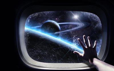 galaxia, planeta, de la mano, la ventana de