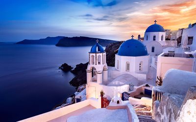 casas, Santorini, Grecia, el Mar Egeo, puesta de sol, oia
