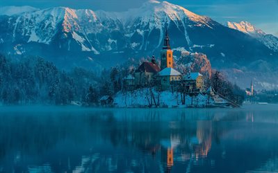 bled Gölü, Slovenya, dağlar, kış