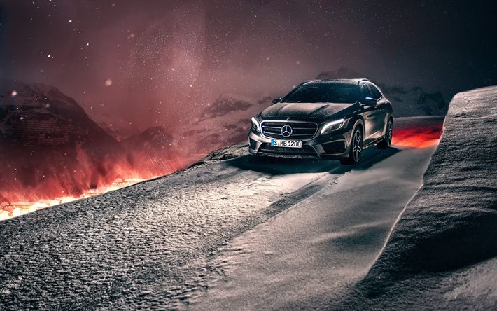 night, crossovers, gla, mercedes, 2015, mountains, winter