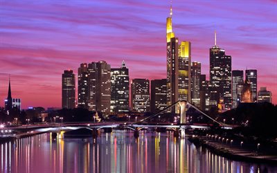 frankfurt am main, tyskland, skyskrapor, solnedgång, kvällslandskap
