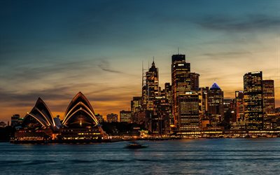 austrália, sydney, panorama, noite, ópera