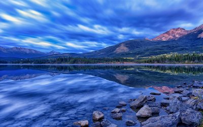 ピラミッド湖, 湖, アルバータ州, カナダ, 夕方の風景