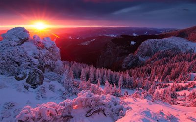 roménia, pôr do sol, montanhas, neve, inverno