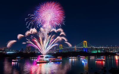 night, salute, fireworks, tokyo, japan