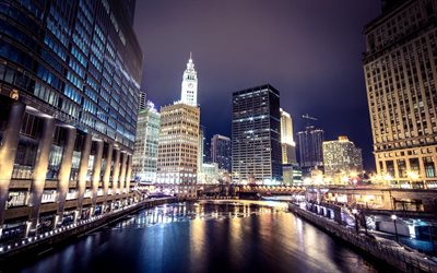 l'illinois, chicago, usa, etats-unis, de nuit, de chicago, de la rivière, la rivière chicago