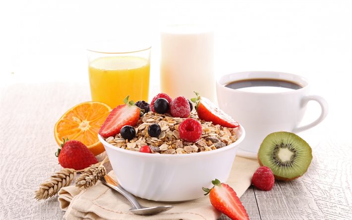 muesli, 아침 식사, 커피, 주스, 과일
