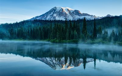 rainier, 成層火山, 朝, 湖, 国立公園, ワシントン, 米国
