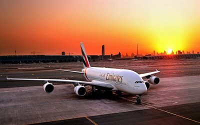 airbus, airport, sunset, a380