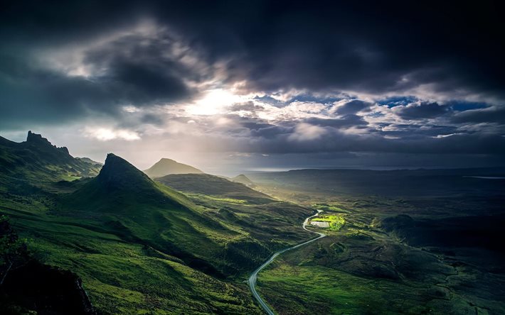 dawn, hills, road, scotland, great britain