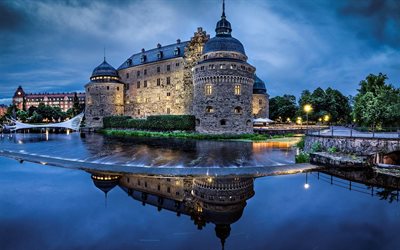 أوريبرو من مدينة ستوكهولم قريبا جدا, السويد, قلعة أوريبرو, ليلة, البحيرة