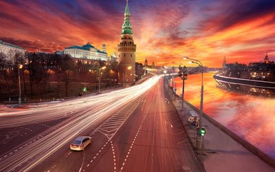 coucher de soleil, le soir, la route, le kremlin, moscou, russie