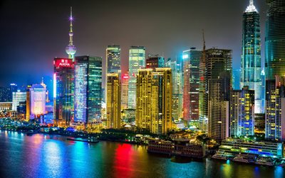 la nuit, gratte-ciel, à shanghai, en chine