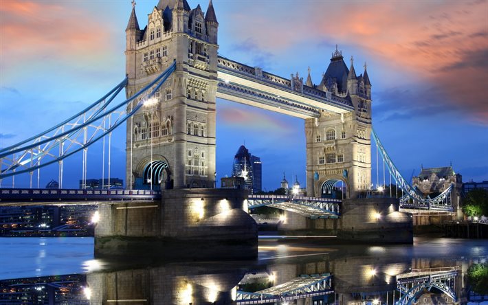 tower bridge, lights, night, london