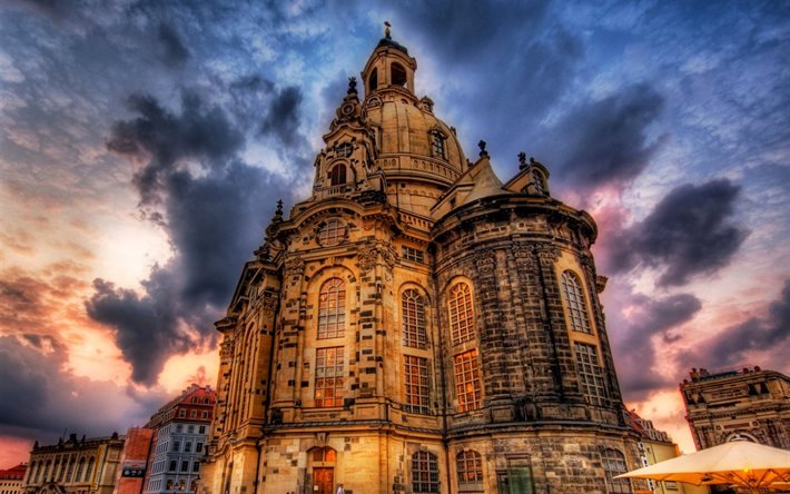 dresden, germany, clouds, cathedral, hdr