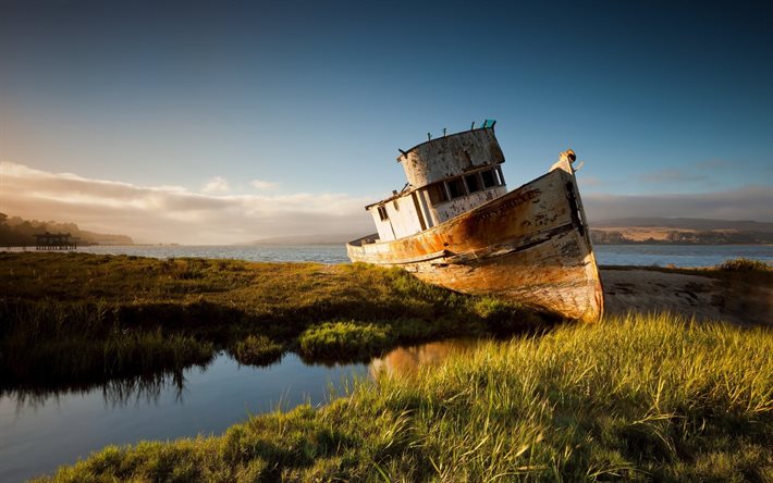 an abandoned boat, boat, shore