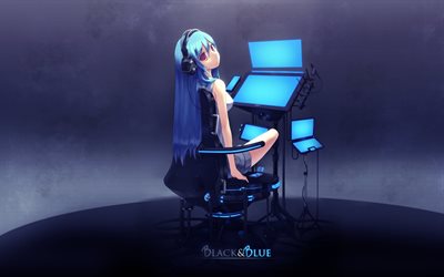 blue hair, hatsune miku, vocaloid, studio