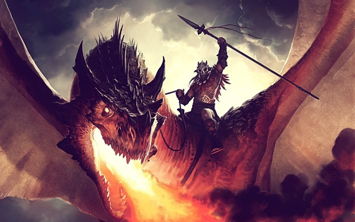dragon, yangın, savaşçı, fantezi