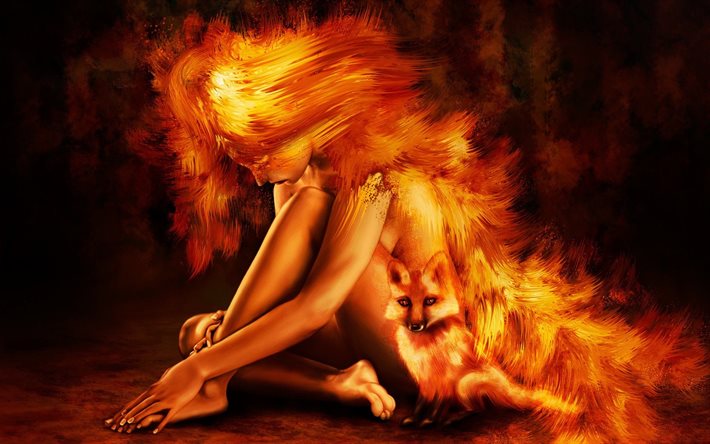 fox, fuoco, ragazza, figura