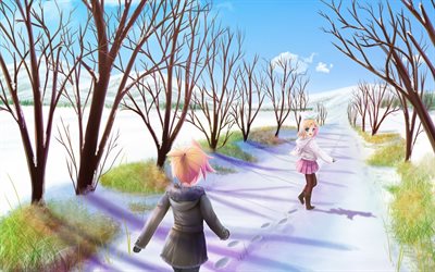 el parque, de anime, de invierno, de las niñas