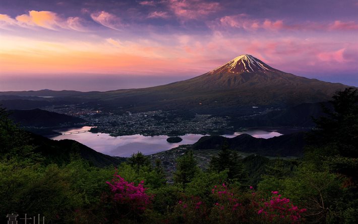 japón, la isla de honshu, estratovolcán, puesta de sol, paisaje