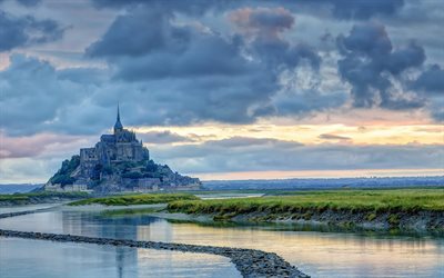 france, mont saint-michel, castle, daybreak, island