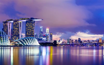 la noche, rascacielos, el hotel marina bay, en singapur, en asia, singapur