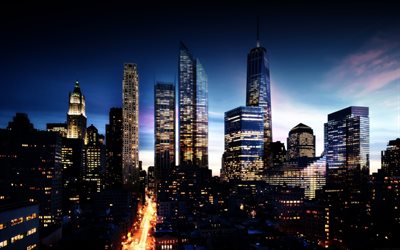 di notte, le luci, i grattacieli di manhattan, new york, stati uniti, manhattan