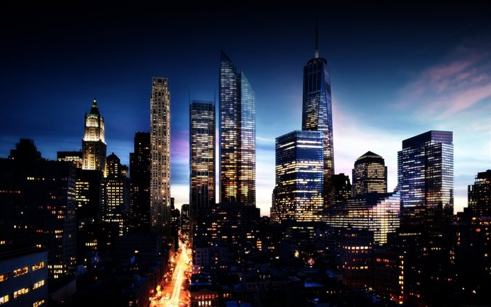 रात, रोशनी, गगनचुंबी इमारतों, मैनहट्टन, न्यूयॉर्क, संयुक्त राज्य अमेरिका