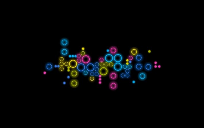 circles, neon, abstraction, black background
